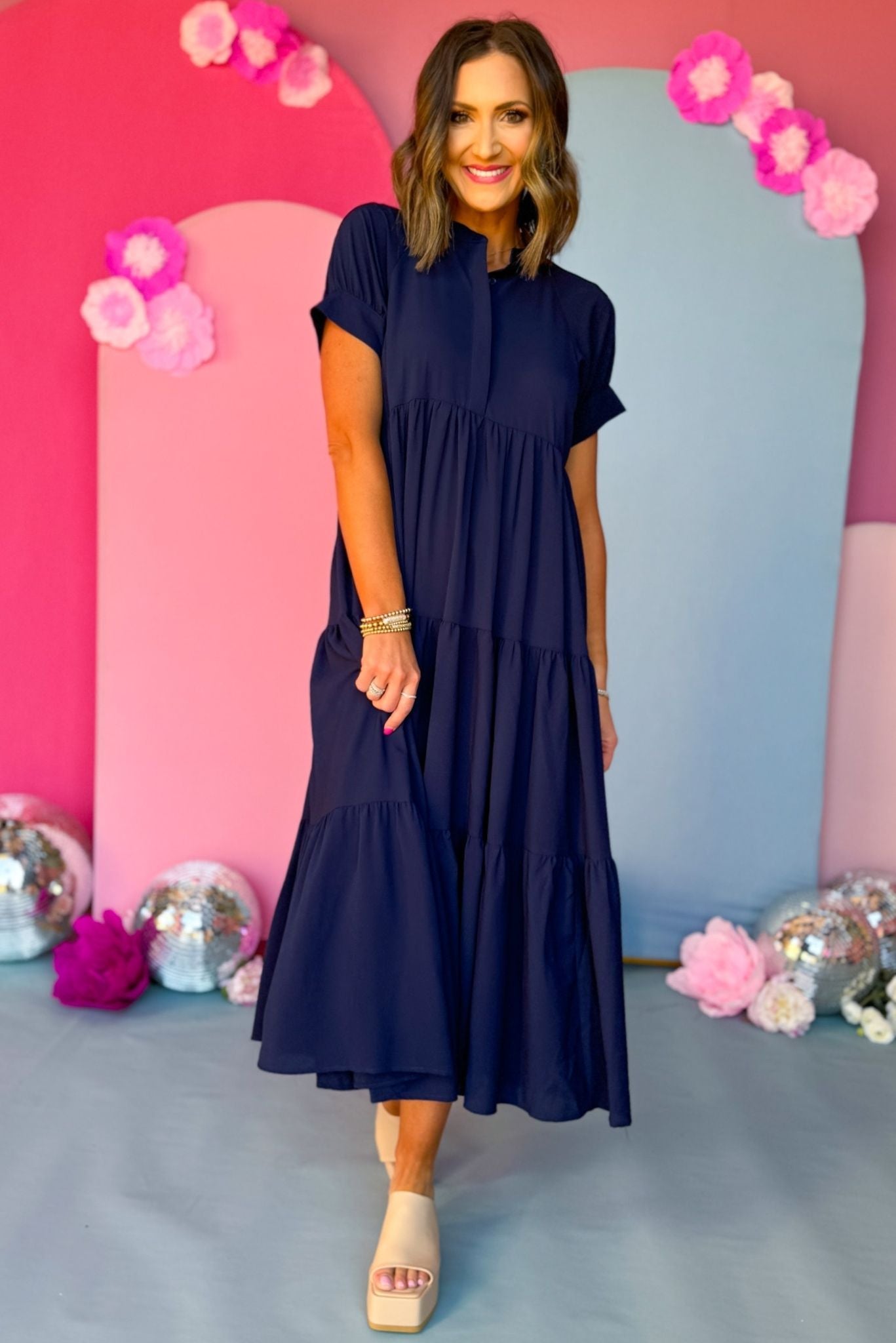 Blue Button Front Tiered Short Sleeve Maxi Dress, maxi dress, must have dress, must have style, church style, spring fashion, elevated style, elevated dress, mom style, work dress, shop style your senses by mallory fitzsimmons