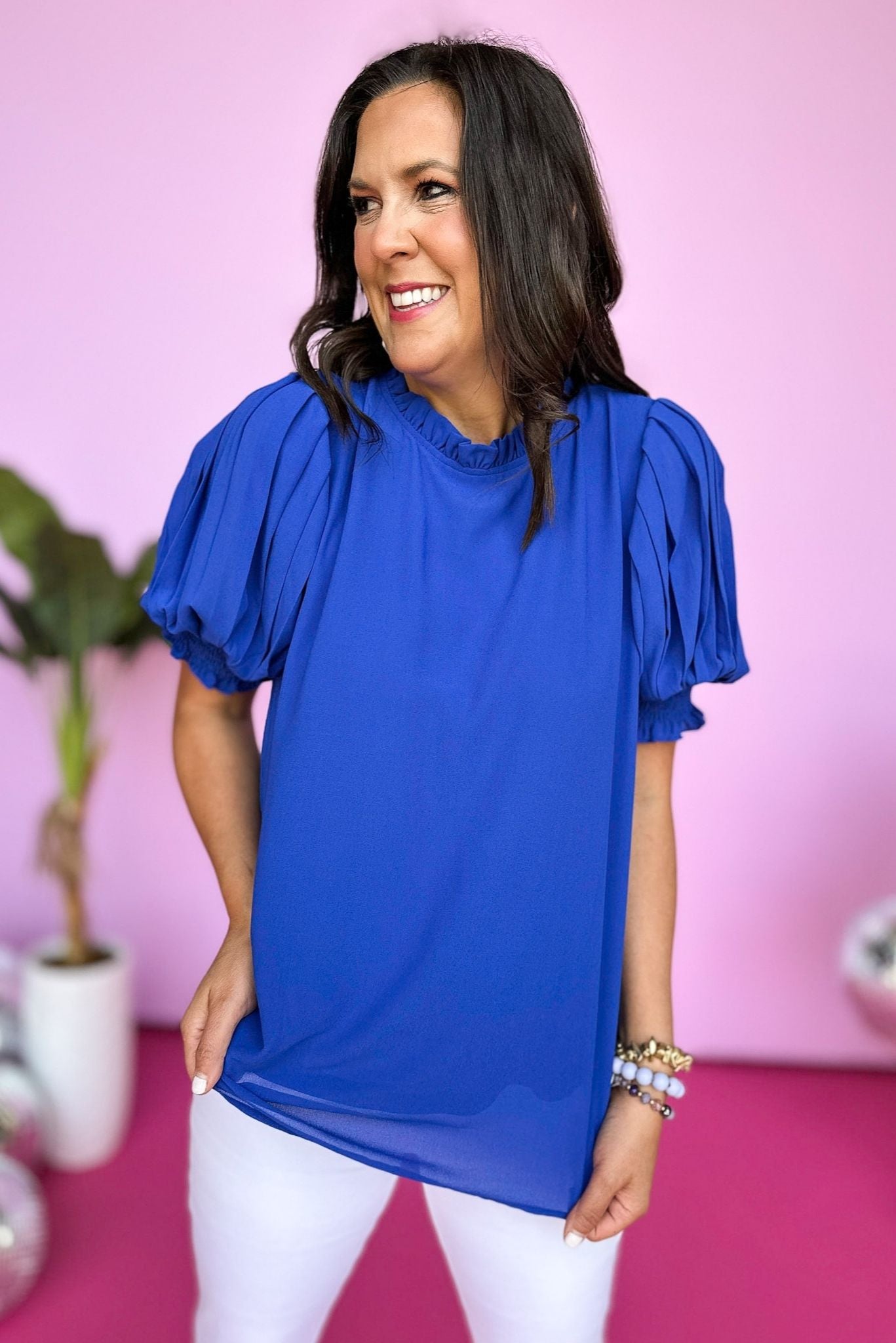 Royal Blue Frill Neck Pleated Short Sleeve Top, frill neck top, blue top, summer top, mom style, shop style your senses by mallory fitzsimmons