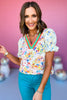 White Multi Color Rope Trim V Neck Floral Printed Top, colorful top, floral top, must have top, must have style, brunch style, summer style, spring fashion, elevated style, elevated top, mom style, shop style your senses by mallory fitzsimmons, ssys by mallory fitzsimmons