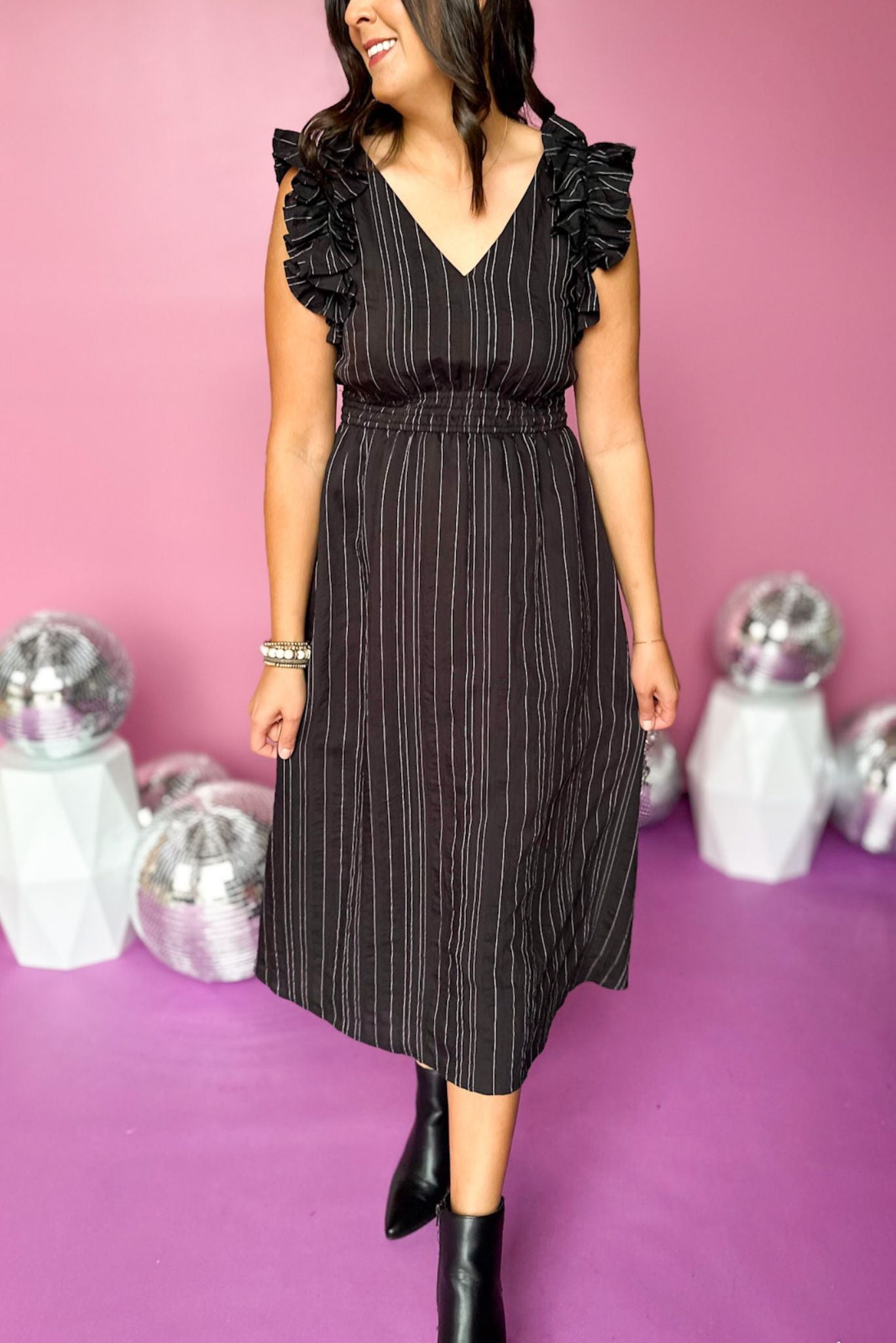 Black Striped V Neck Ruffle Sleeveless Midi Dress, must have dress, must have style, fall style, fall fashion, elevated style, elevated dress, mom style, fall collection, fall dress, shop style your senses by mallory fitzsimmons