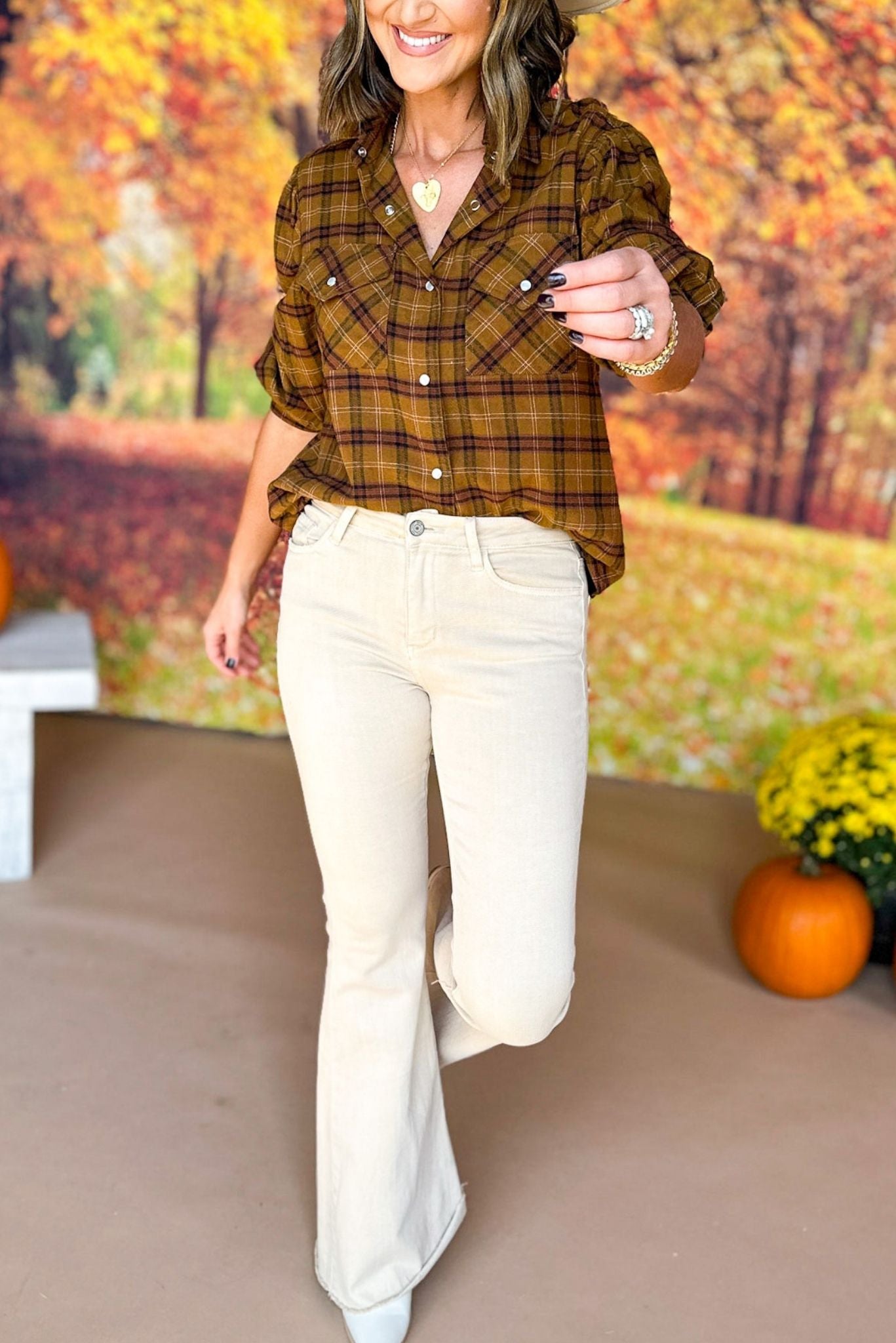 Camel Brown Plaid Button Down Flannel, must have top, must have style, must have fall, fall collection, fall fashion, elevated style, elevated top, mom style, fall style, shop style your senses by mallory fitzsimmons