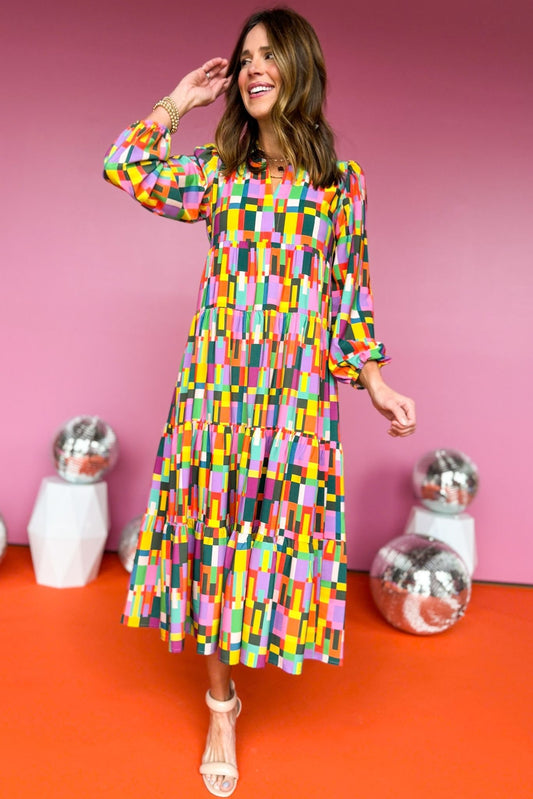 SSYS The Emery Midi Dress In Multi Rectangle Print, ssys the label, must have dress, printed dress, church dress, elevated dress, midi dress, mom style, spring style, elevated style, shop style your senses by mallory fitzsimmons