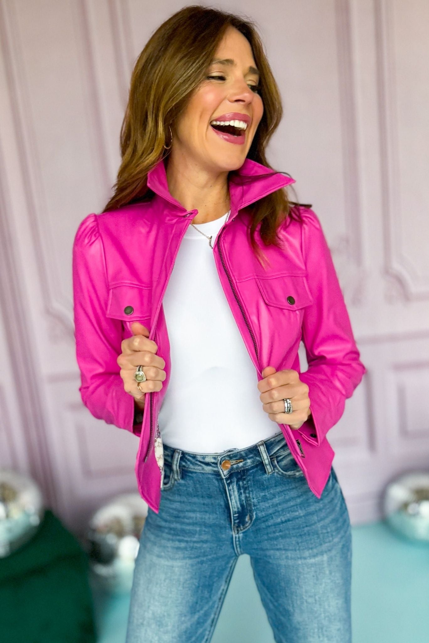 Hot Pink Two Front Pocket Faux Leather Jacket, must have jacket, must have style, must have winter, winter fashion, elevated style, elevated jacket, mom style, winter style, shop style your senses by mallory fitzsimmons