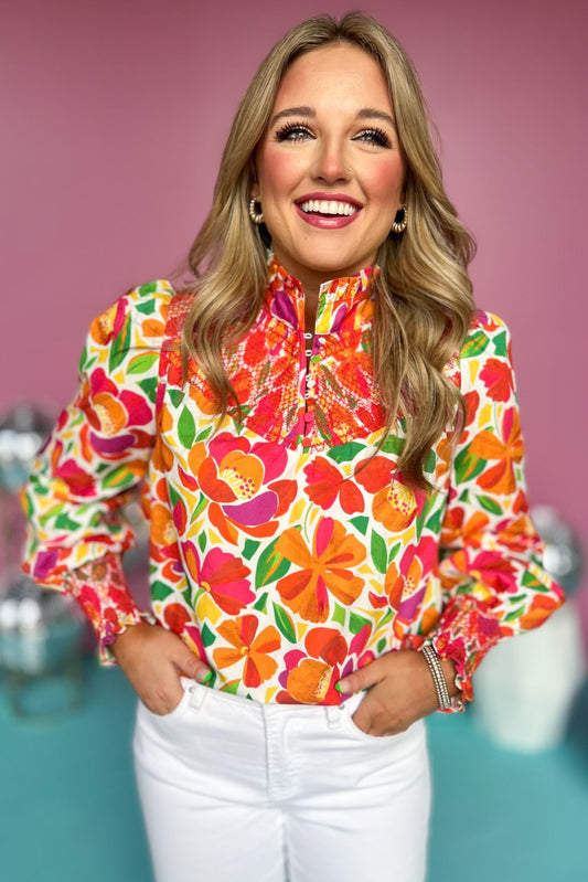  Coral Multi Floral Print Smocked High Neck Long Sleeve Top, embroidered top, floral top, printed top, must have top, must have style, brunch style, summer style, spring fashion, elevated style, elevated top, mom style, shop style your senses by mallory fitzsimmons, ssys by mallory fitzsimmons