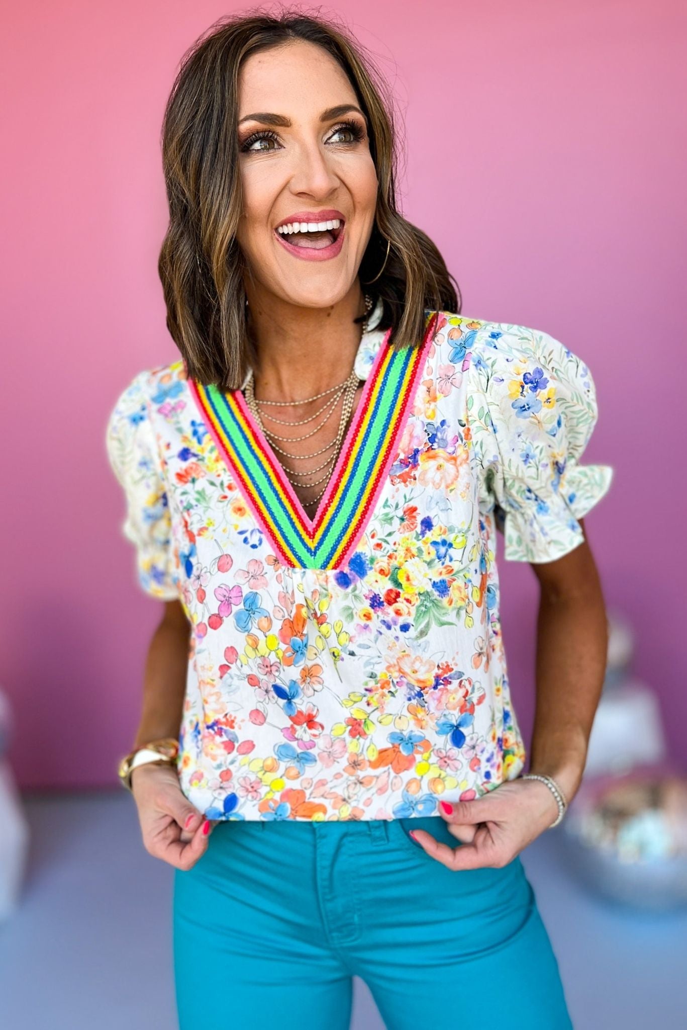 White Multi Color Rope Trim V Neck Floral Printed Top, colorful top, floral top, must have top, must have style, brunch style, summer style, spring fashion, elevated style, elevated top, mom style, shop style your senses by mallory fitzsimmons, ssys by mallory fitzsimmons