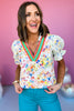 White Multi Color Rope Trim V Neck Floral Printed Top, colorful top, floral top, must have top, must have style, brunch style, summer style, spring fashion, elevated style, elevated top, mom style, shop style your senses by mallory fitzsimmons, ssys by mallory fitzsimmons