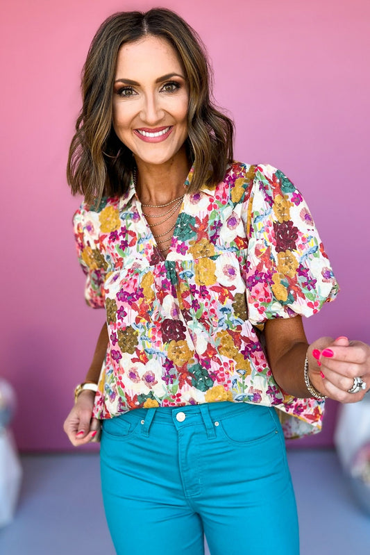 Magenta Multi Print Collared Short Puff Sleeve Top, floral top, must have top, must have style, brunch style, summer style, spring fashion, elevated style, elevated top, mom style, shop style your senses by mallory fitzsimmons, ssys by mallory fitzsimmons
