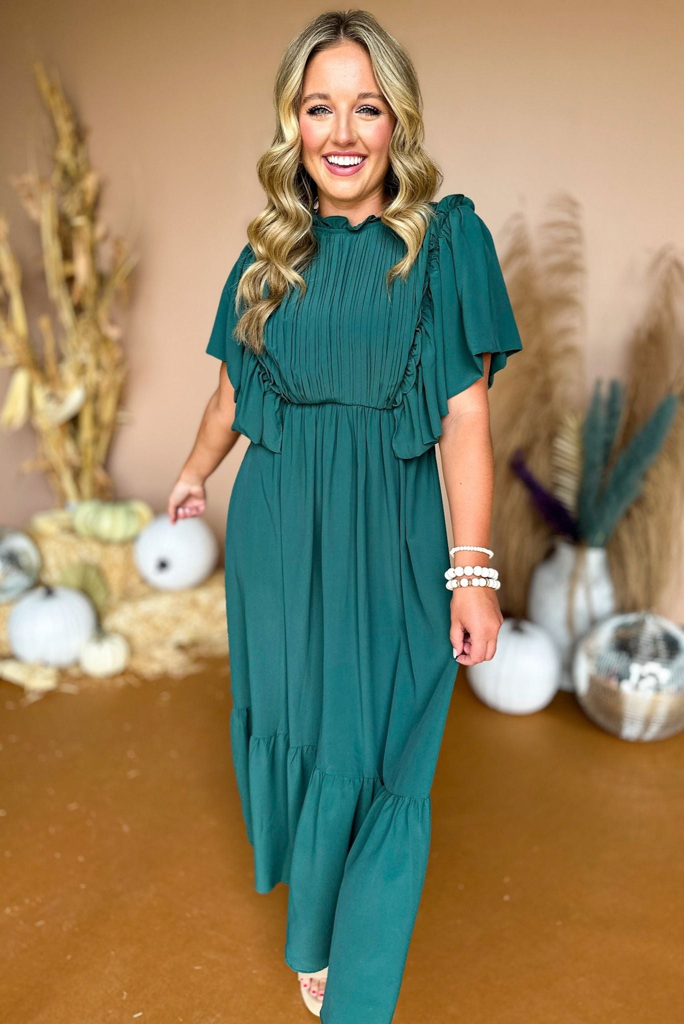 Green Flutter Sleeve Frill Neck Tiered Midi Dress, must have dress, must have style, fall style, fall fashion, elevated style, elevated dress, mom style, fall collection, fall dress, shop style your senses by mallory fitzsimmons