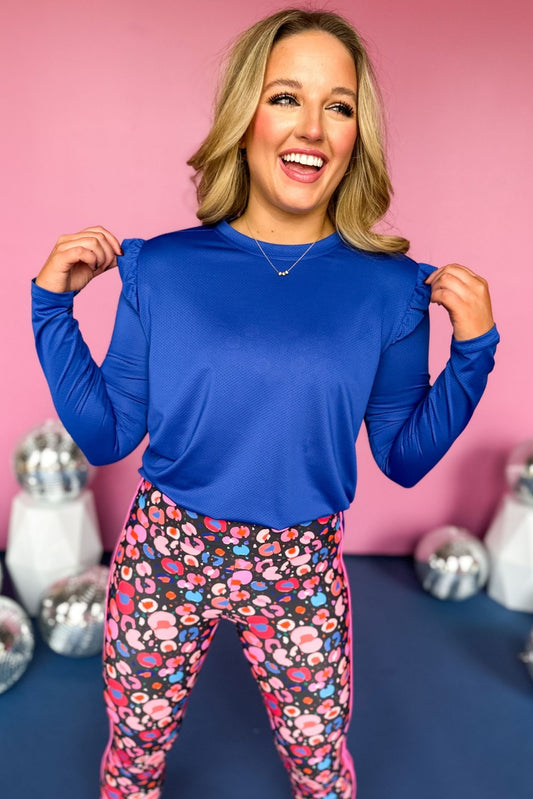 SSYS Royal Blue Long Sleeve Ruffle Hem Active Top, must have top, must have athleisure, elevated style, elevated athleisure, mom style, active style, active wear, fall athleisure, fall style, comfortable style, elevated comfort, shop style your senses by mallory fitzsimmons