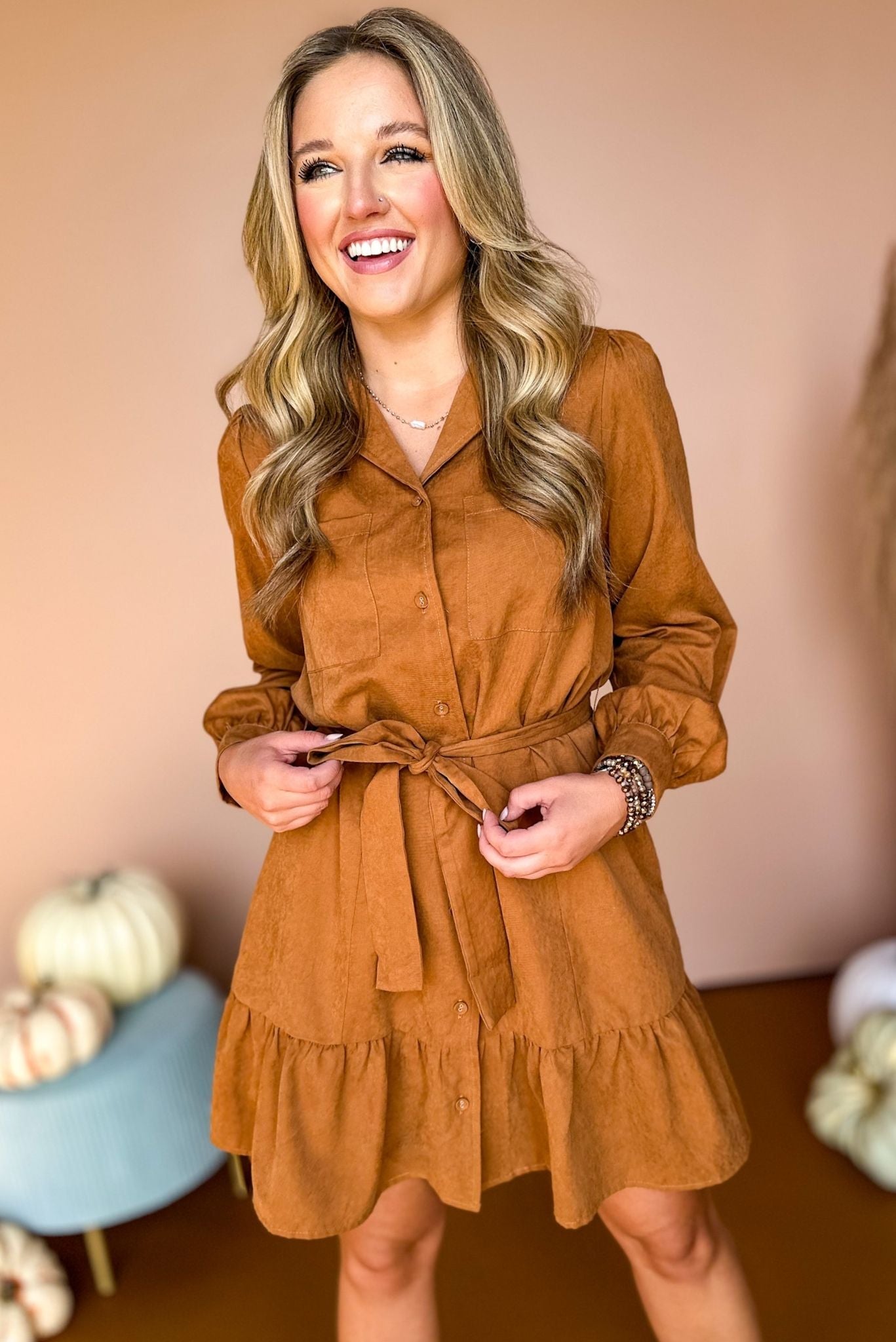 Camel Faux Suede Tie Waist Button Front Skirted Dress, must have dress, must have style, fall style, fall fashion, elevated style, elevated dress, mom style, fall collection, fall dress, shop style your senses by mallory fitzsimmons