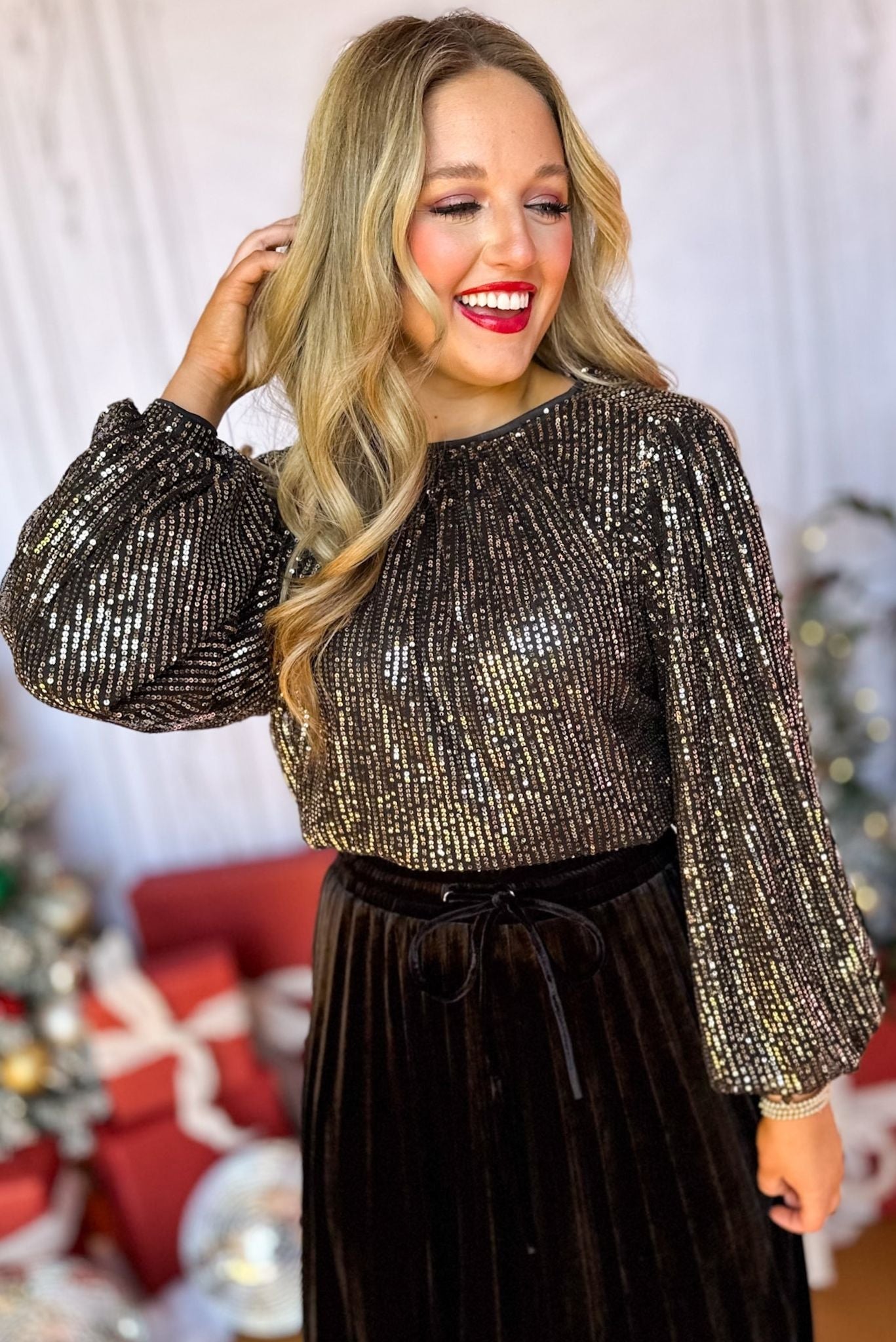 Black Sequin Long Sleeve Top, must have top, must have style, elevated top, elevated style, holiday style, holiday fashion, elevated holiday, holiday collection, affordable fashion, mom style, shop style your senses by mallory fitzsimmons