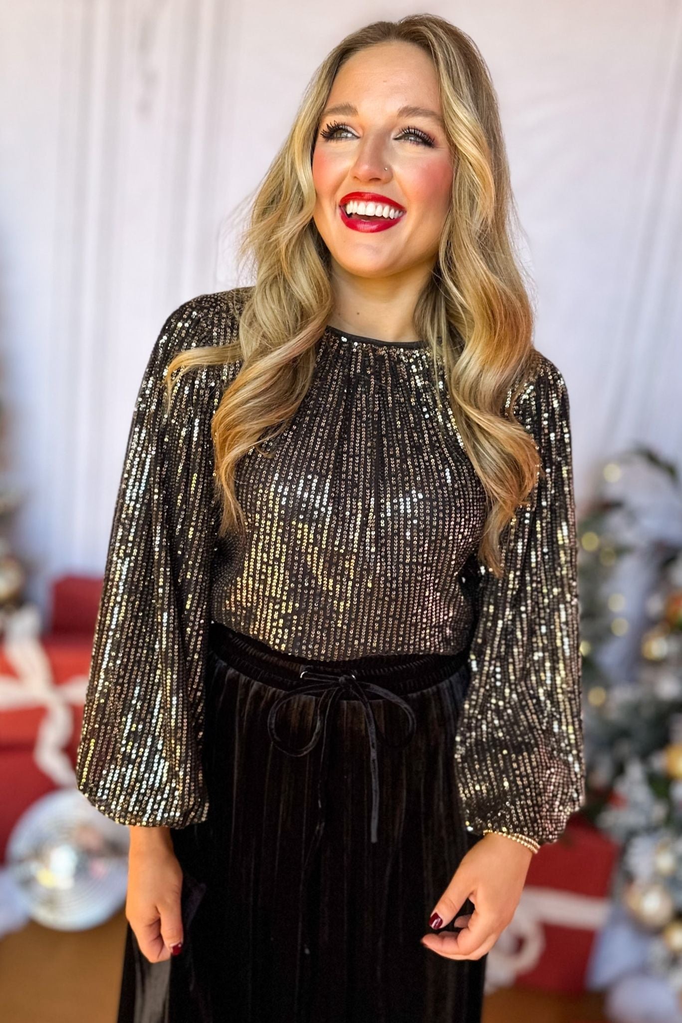  Black Sequin Long Sleeve Top, must have top, must have style, elevated top, elevated style, holiday style, holiday fashion, elevated holiday, holiday collection, affordable fashion, mom style, shop style your senses by mallory fitzsimmons