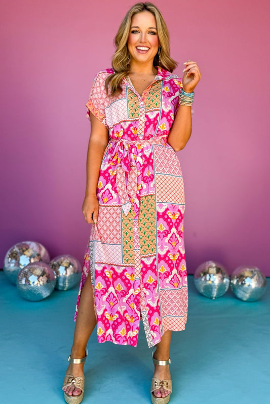 Pink Mixed Print Button Down Front Tie Side Slits Shirt Dress, patchwork dress, mixed print dress, must have dress, must have style, weekend style, brunch style, spring fashion, elevated style, elevated style, mom style, shop style your senses by mallory fitzsimmons, ssys by mallory fitzsimmons