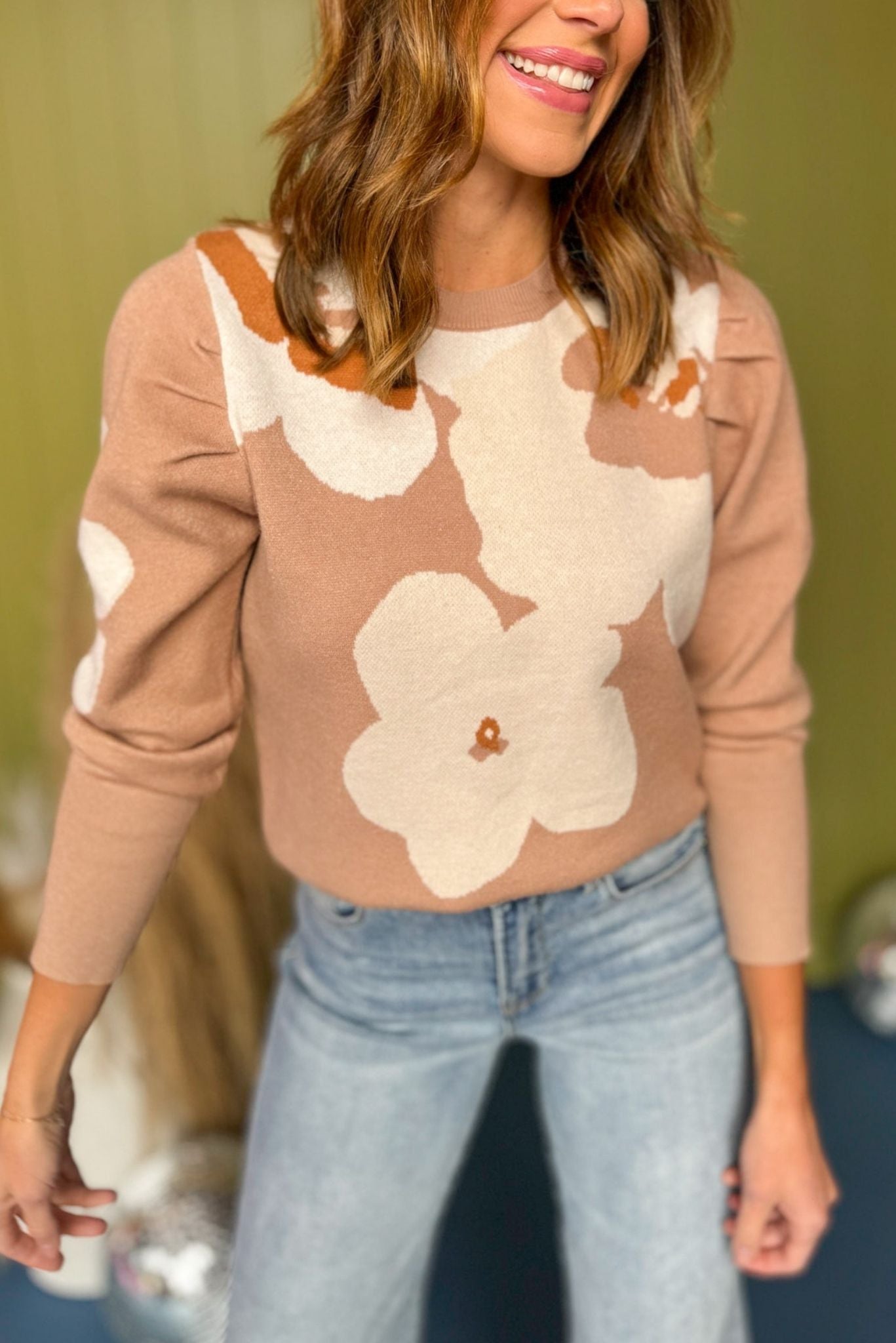 Taupe Floral Printed Pleated Long Sleeve Sweater, must have sweater, must have style, fall style, fall fashion, elevated style, elevated dress, mom style, fall collection, fall sweater, shop style your senses by mallory fitzsimmons