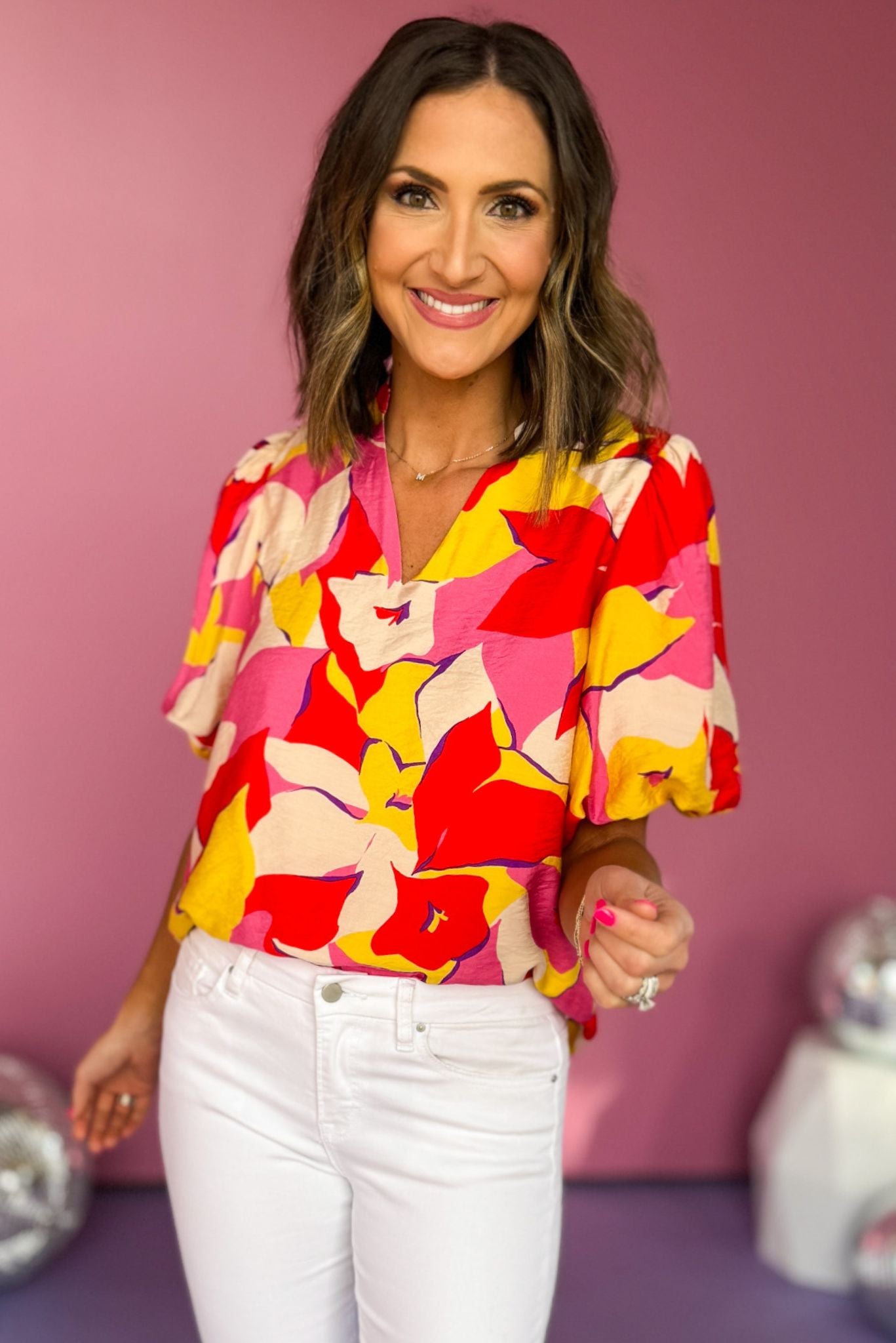 Red Floral V Neck Band Collar Puff Sleeve Top, floral top, bright top, must have top, must have style, office style, spring fashion, elevated style, elevated top, mom style, work top, shop style your senses by mallory fitzsimmons, ssys by mallory fitzsimmons