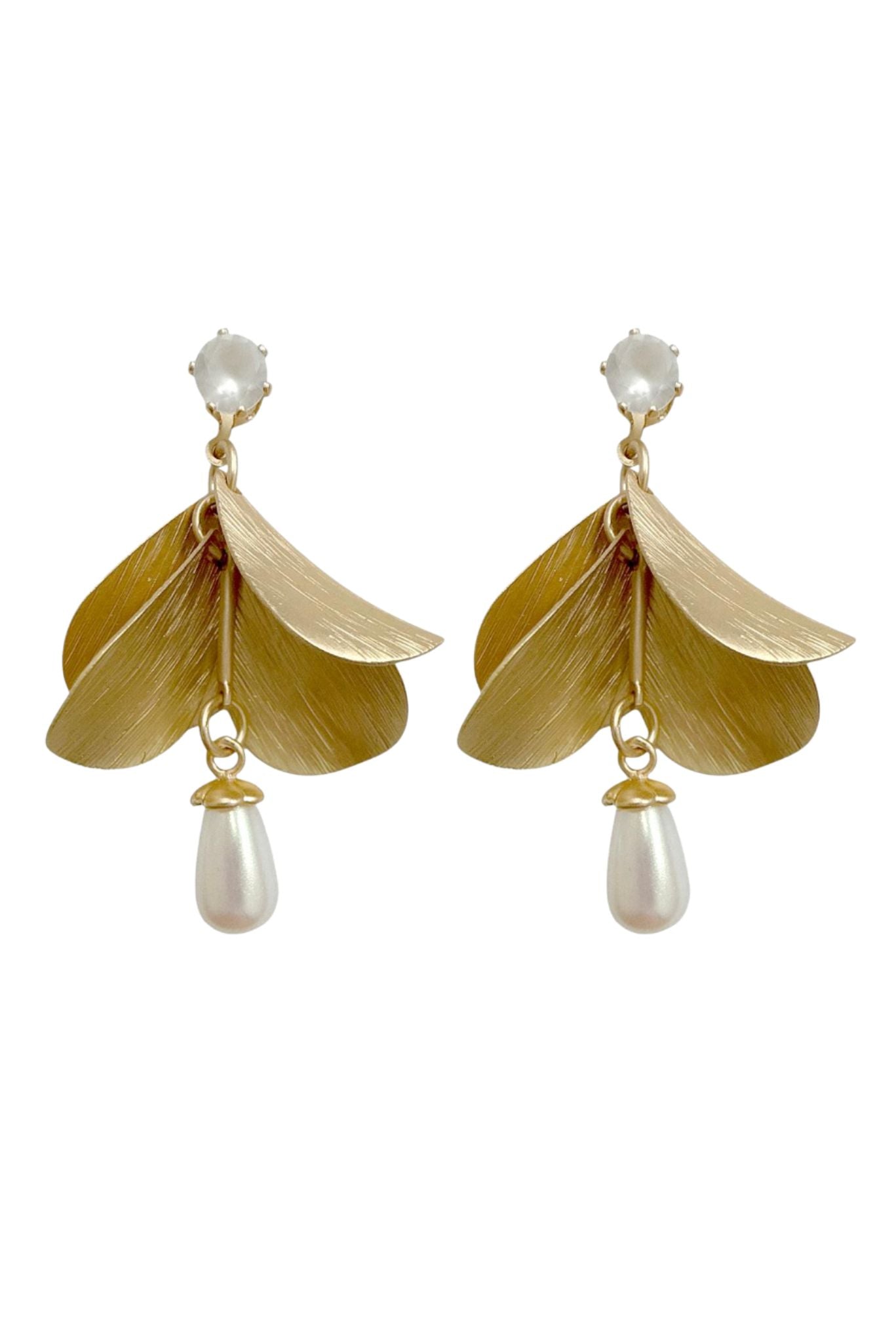 Gold Petal Fan Pearl Drop Earrings