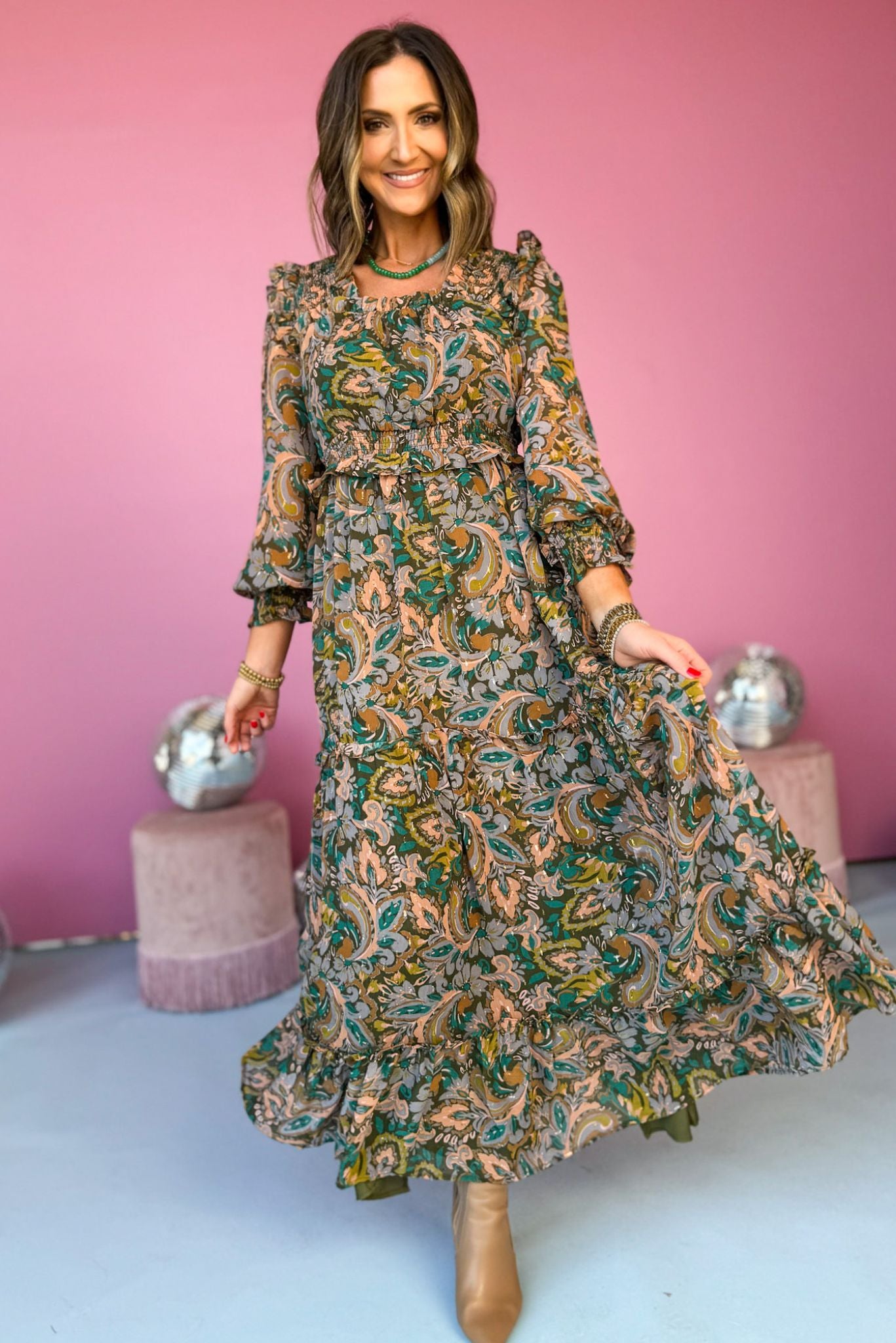 olive paisley printed square neck tiered smocked waist maxi dress, winter wardrobe, easy to wear, sunday best, mom style, shop style your senses by mallory fitzsimmons