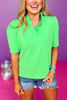 SSYS The Savannah Ruffle Collar 3/4 Sleeve Top In Green, ssys the label, ssys top, savannah top, must have top, ruffle neck top, elevated top, mom style, spring style, summer style, shop style your senses by Mallory Fitzsimmons, ssys by Mallory Fitzsimmons  Edit alt text