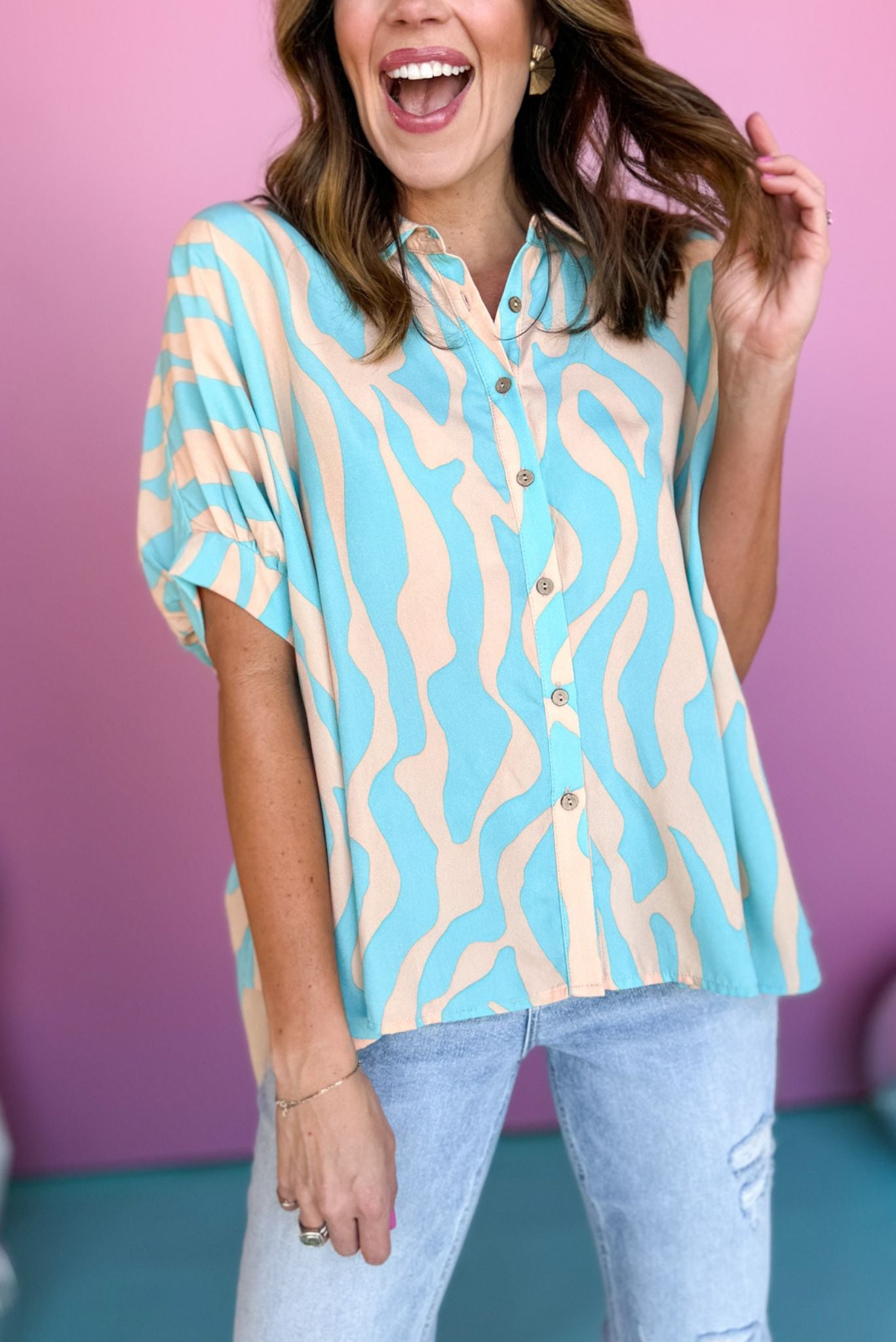 Teal Coral Short Sleeve Collared Button Down Top, must have top, must have style, brunch style, summer style, spring fashion, elevated style, elevated top, mom style, shop style your senses by mallory fitzsimmons, ssys by mallory fitzsimmons