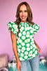 kelly green dot printed ruffle cap sleeved top, fun print, summer colors, workwear, pair with denim, mom style, shop style your senses by mallory fitzsimmons