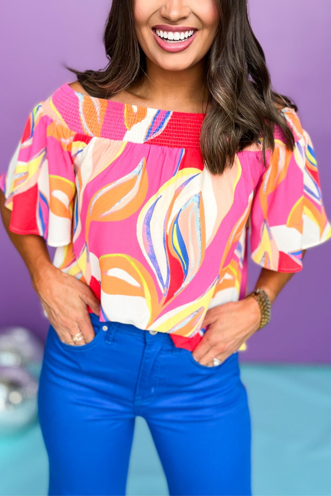 Fuchsia Multi Print Smocked Off Shoulder Neck Short Flutter Sleeve Top, must have top, must have style, summer style, spring fashion, elevated style, elevated top, mom style, shop style your senses by mallory fitzsimmons, ssys by mallory fitzsimmons