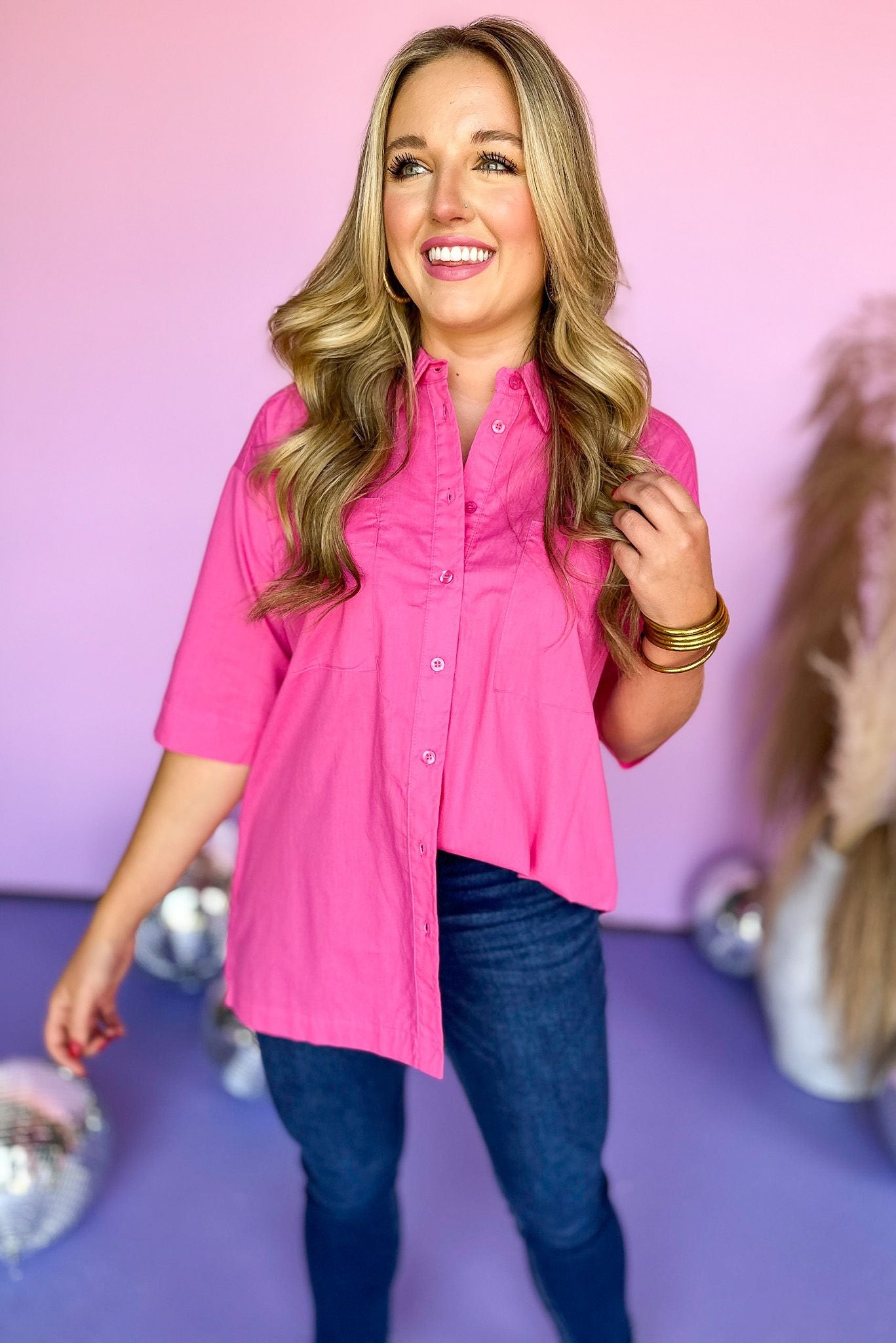  Magenta Short Sleeve Button Front Collared Top, summer top, elevated style, mom style, shop style your senses by mallory fitzsimmons 