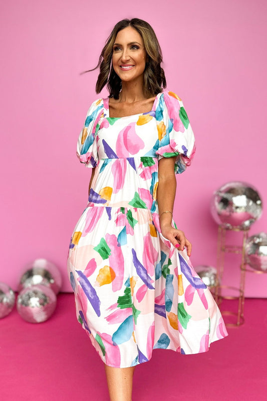 Pink Abstract Printed Square Neck Puff Sleeve Tiered Midi Dress, Summer Dress, Mom Style, Bright Colors, Shop Style Your Senses by Mallory Fitzsimmons