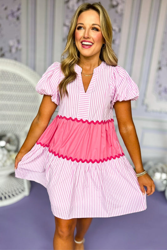 Pink Colorblock Split Neck Puff Short Sleeve Dress, ric rack detail, spring dress, elevated dress, must have dress, mothers day dress, special occasion dress, spring style, summer style, church dress, mom style, shop style your senses by Mallory Fitzsimmons, ssys by Mallory Fitzsimmons 