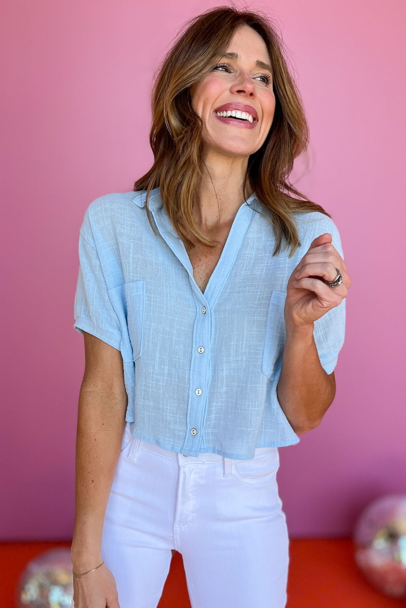  Blue Collared Button Down Short Sleeve Front Pocket Top, must have top, basic top, elevated basics, must have basic, elevated top, mom style, warm fashion, shop style your senses by mallory fitzsimmons, ssys by Mallory Fitzsimmons