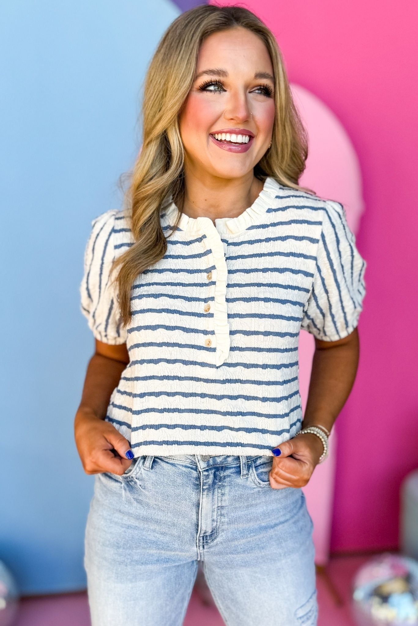 Blue Striped Ruffled Neck Button Front Knit Top, must have top, must have style, brunch style, summer style, spring fashion, elevated style, elevated top, mom style, shop style your senses by mallory fitzsimmons, ssys by mallory fitzsimmons