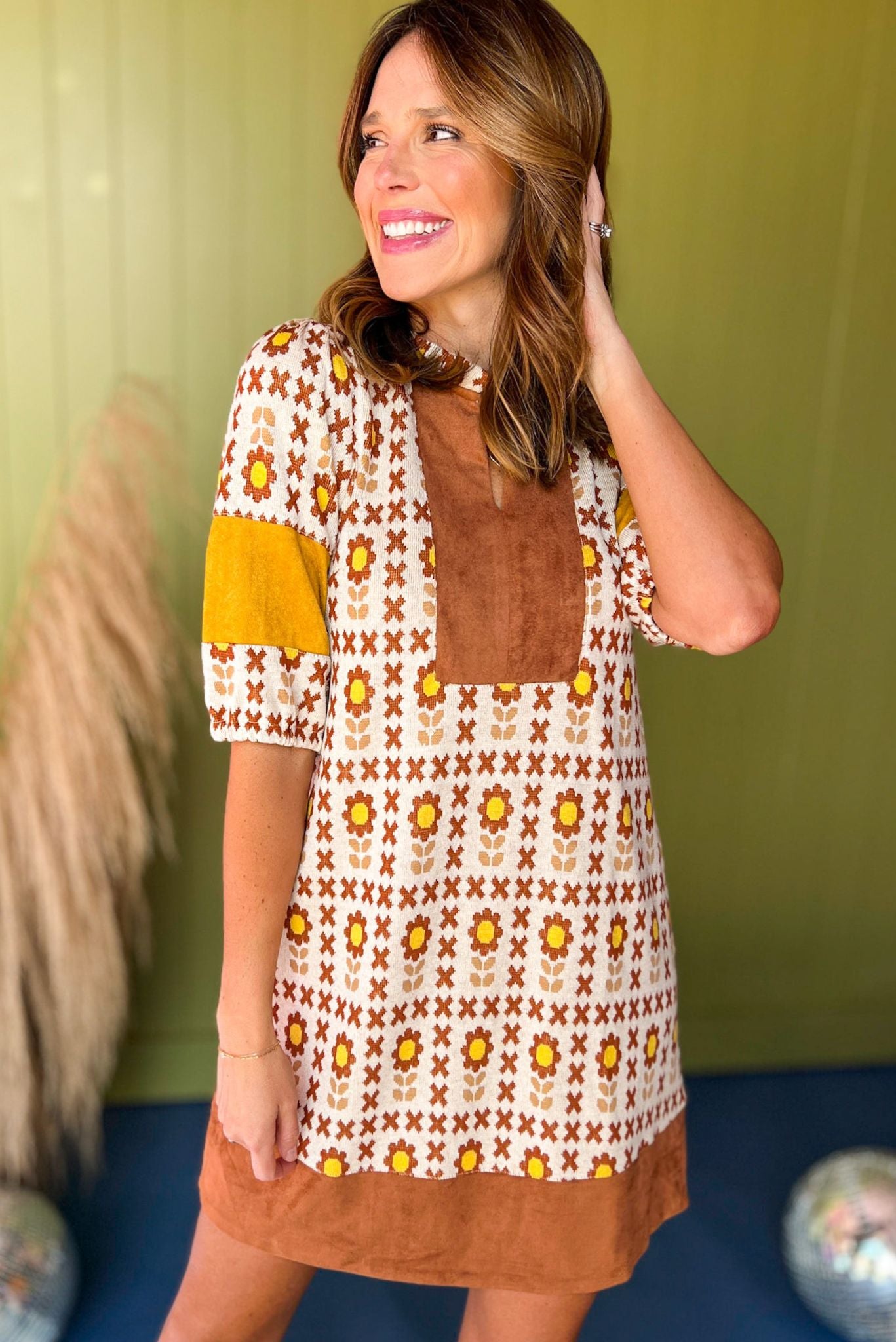 Brown Faux Suede Floral Printed Split Neck Colorblock Shift Dress, must have dress, must have style, fall style, fall fashion, elevated style, elevated dress, mom style, fall collection, fall dress, shop style your senses by mallory fitzsimmons