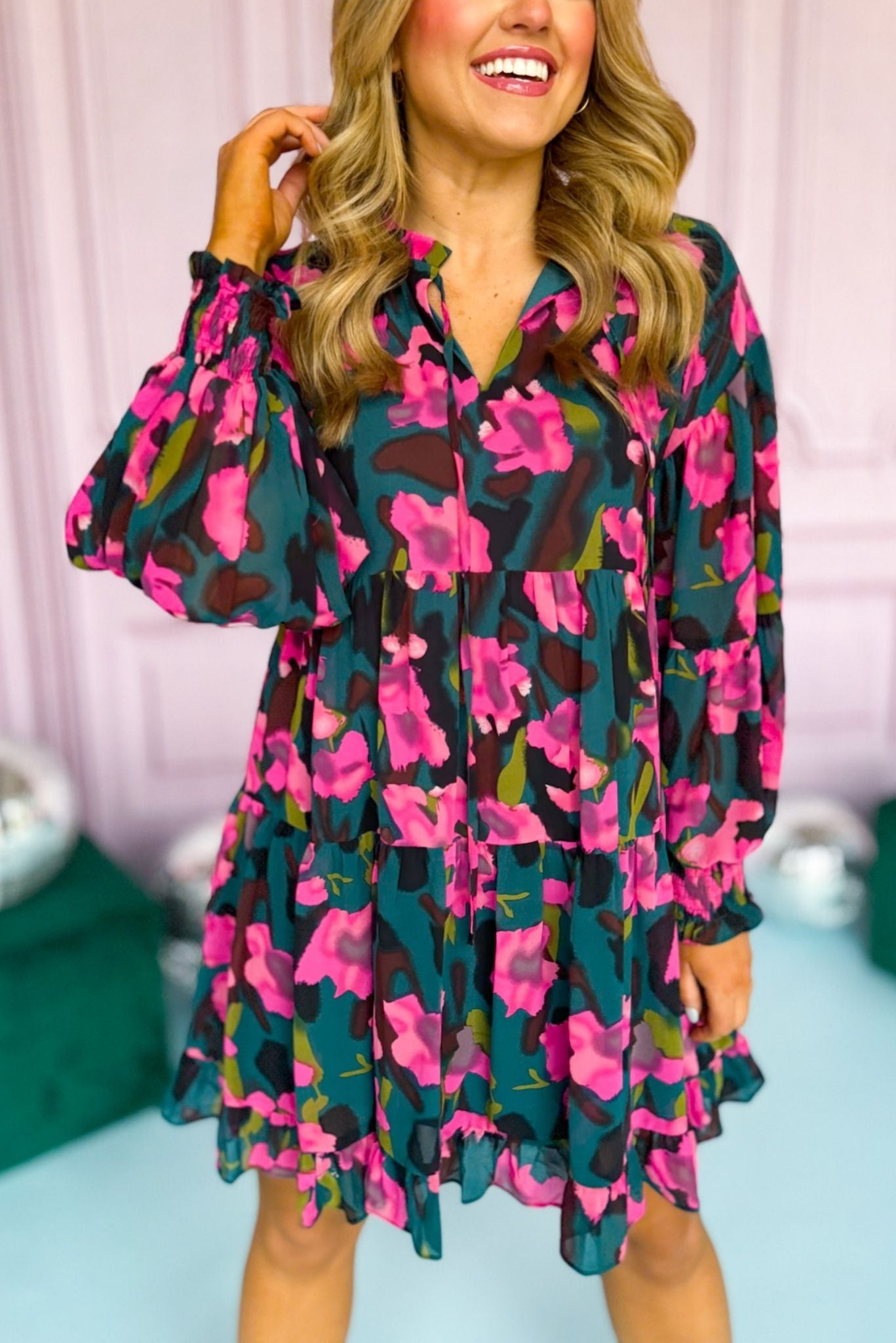 Hot Pink Floral Printed Tie Neck Tiered Skirted Dress, must have dress, must have style, office style, spring fashion, elevated style, elevated dress, mom style, work dress, shop style your senses by mallory fitzsimmons