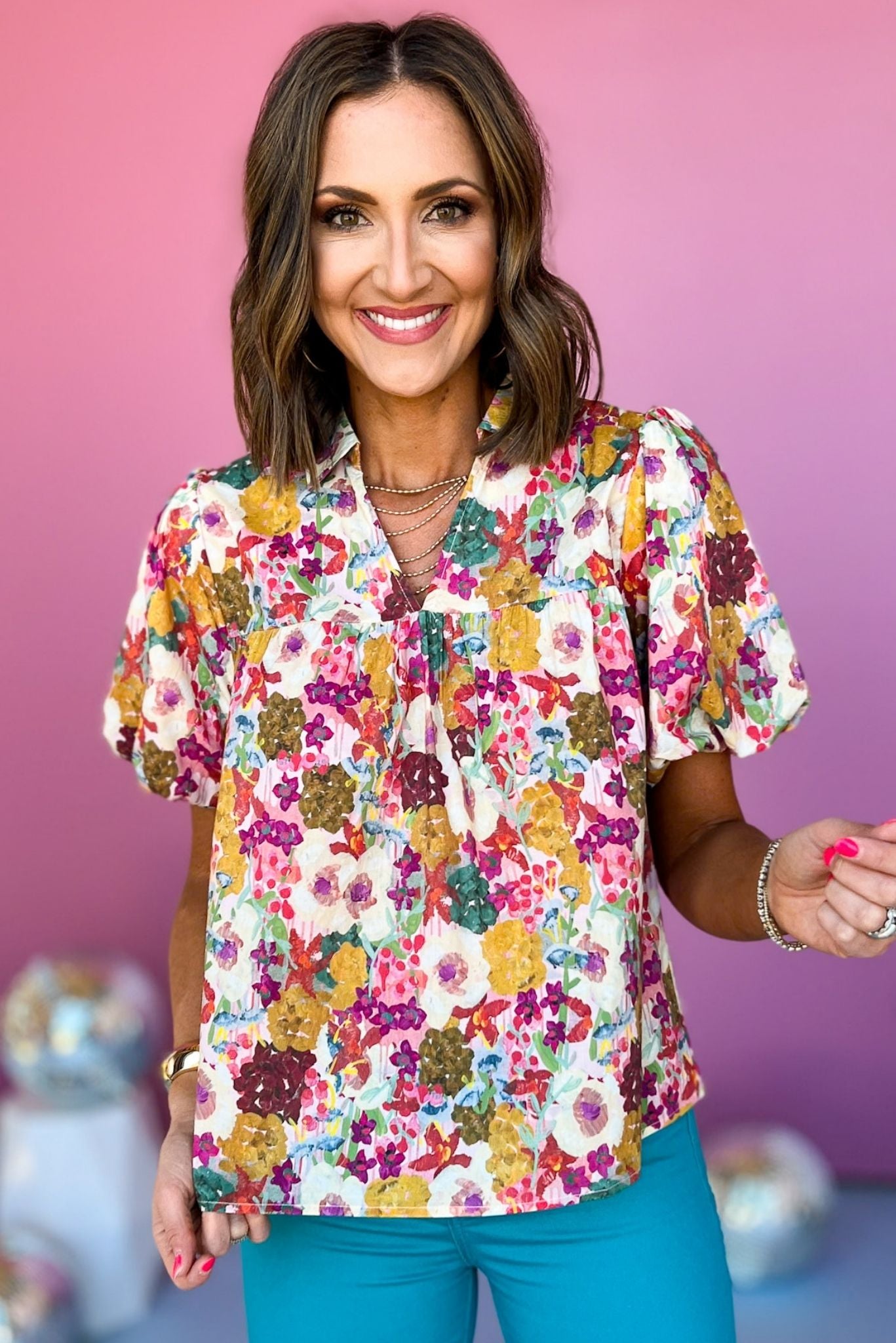 Magenta Multi Print Collared Short Puff Sleeve Top, floral top, must have top, must have style, brunch style, summer style, spring fashion, elevated style, elevated top, mom style, shop style your senses by mallory fitzsimmons, ssys by mallory fitzsimmons