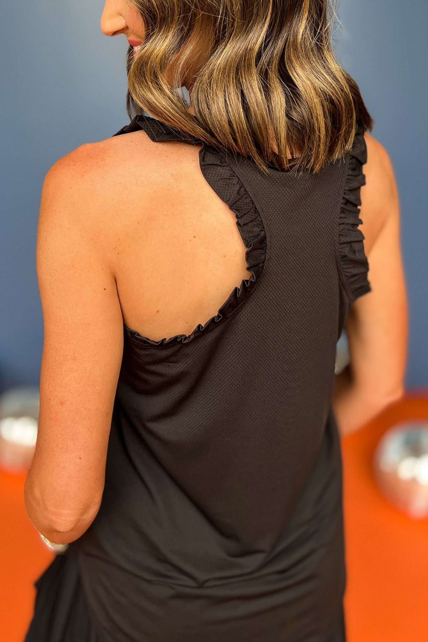 SSYS Black Ruffle Racerback Honeycomb Active Tank Top, Ssys athlesiure, Spring athleisure, athleisure, elevated athleisure, must have tank top , athletic tank top, athletic style, mom style, shop style your senses by mallory fitzsimmons, ssys by mallory fitzsimmons