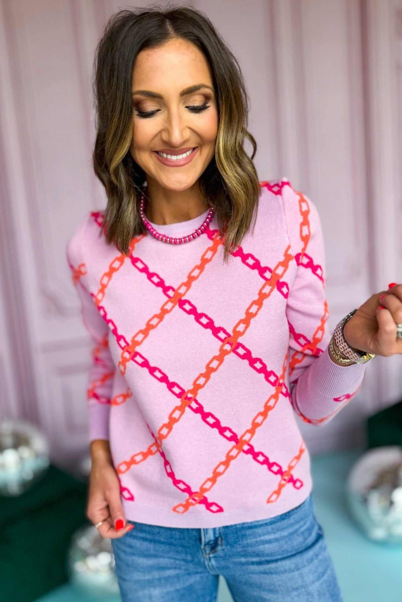 THML Lilac Chain Printed Long Sleeve Sweater, must have sweater, must have style, winter style, winter fashion, elevated style, elevated dress, mom style, winter collection, winter sweater, shop style your senses by mallory fitzsimmons