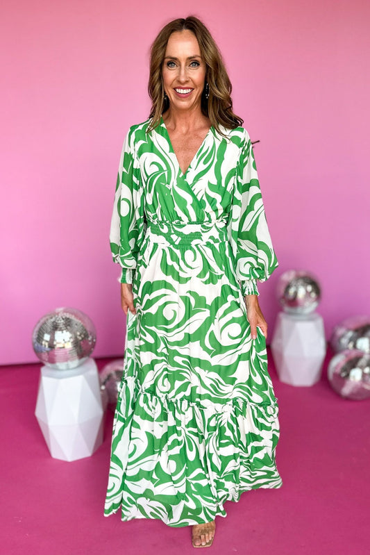 Green Abstract Printed Smocked Waist Balloon Sleeve Maxi Dress, summer dress, elevated style, mom style, shop style your senses by mallory fitzsimmons