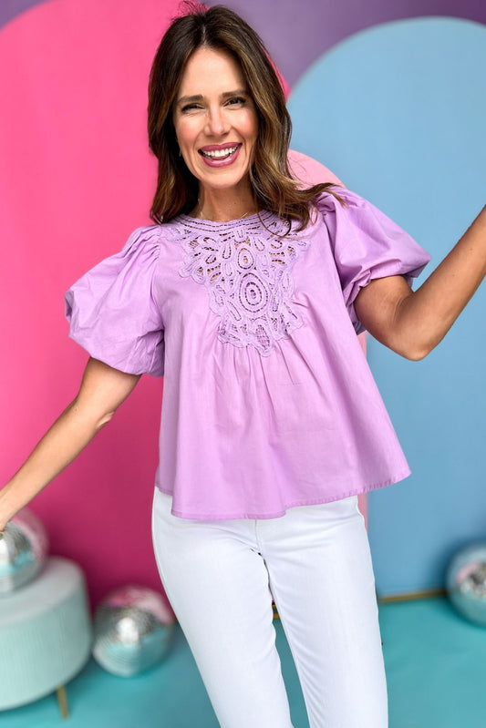 Lilac Purple Crochet Detail Puff Short Sleeve Top, crochet detail top, lilac top, must have top, must have style, brunch style, summer style, spring fashion, elevated style, elevated top, mom style, shop style your senses by mallory fitzsimmons, ssys by mallory fitzsimmons