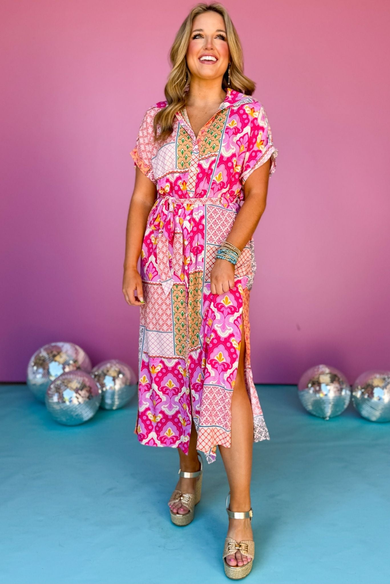 Pink Mixed Print Button Down Front Tie Side Slits Shirt Dress, patchwork dress, mixed print dress, must have dress, must have style, weekend style, brunch style, spring fashion, elevated style, elevated style, mom style, shop style your senses by mallory fitzsimmons, ssys by mallory fitzsimmons