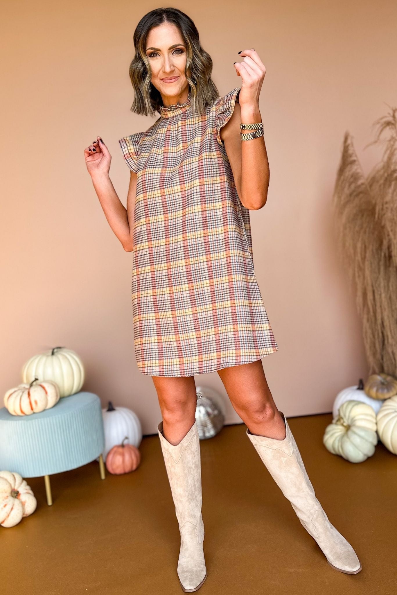 Orange Plaid Ruffle Sleeve Tie Back Dress, must have dress, must have style, fall style, fall fashion, elevated style, elevated dress, mom style, fall collection, fall dress, shop style your senses by mallory fitzsimmons