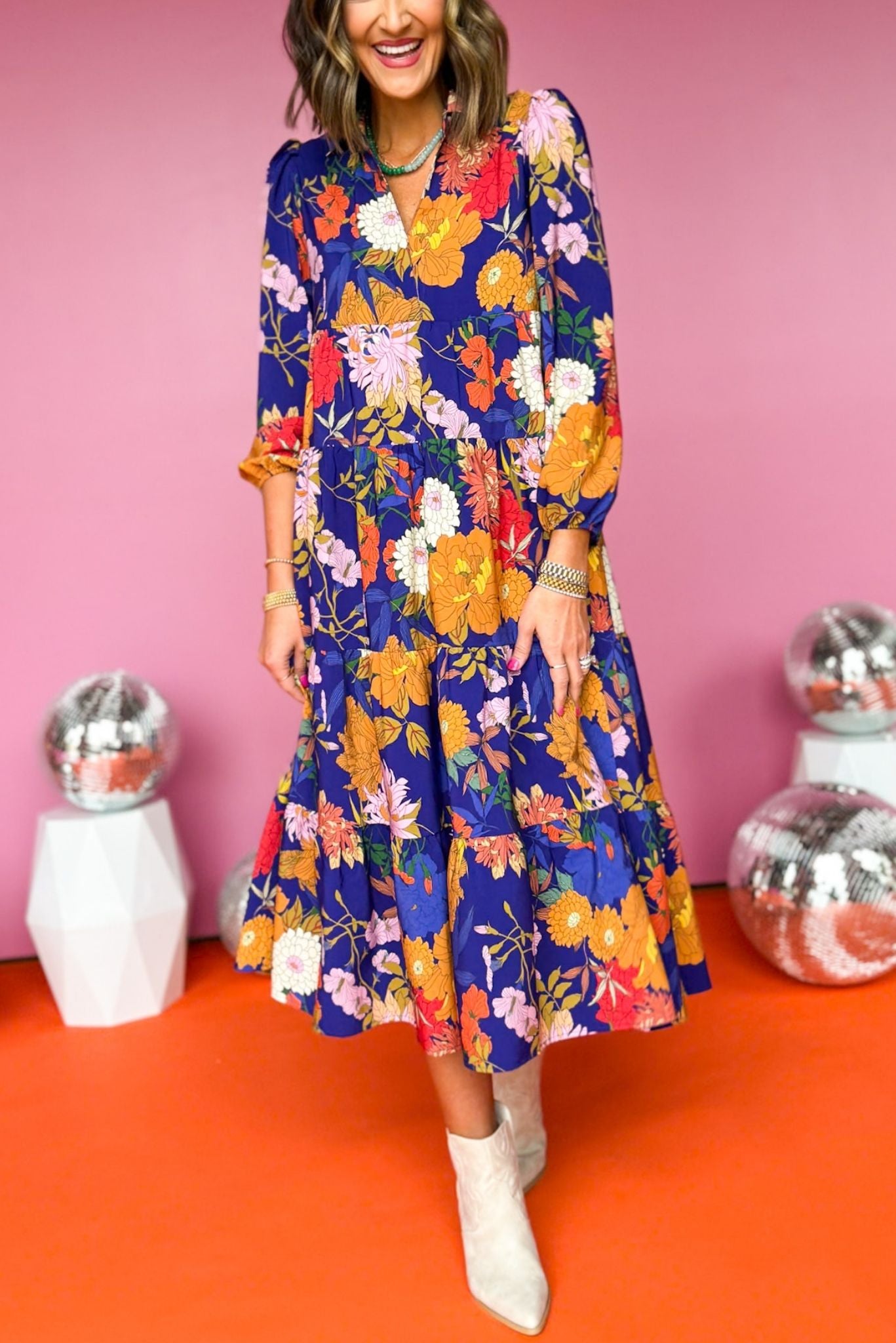 SSYS The Emery Midi Dress In Navy Floral Print, ssys the label, must have dress, printed dress, church dress, elevated dress, midi dress, mom style, spring style, elevated style, shop style your senses by mallory fitzsimmons