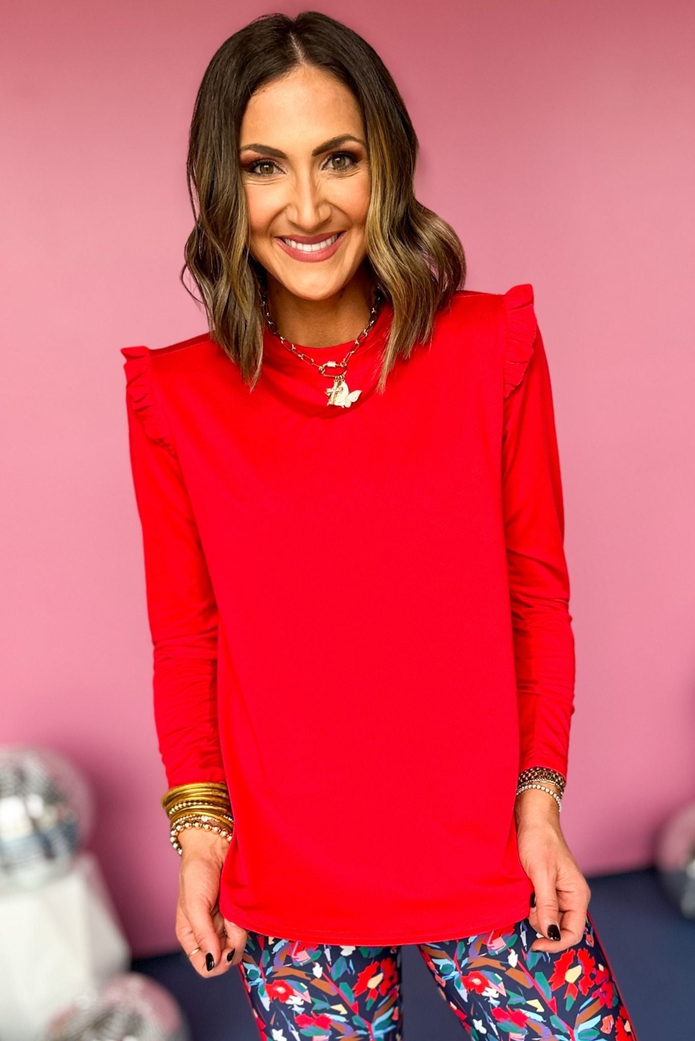 SSYS Red Long Sleeve Ruffle Hem Active Top, must have top, must have athleisure, elevated style, elevated athleisure, mom style, active style, active wear, fall athleisure, fall style, comfortable style, elevated comfort, shop style your senses by mallory fitzsimmons