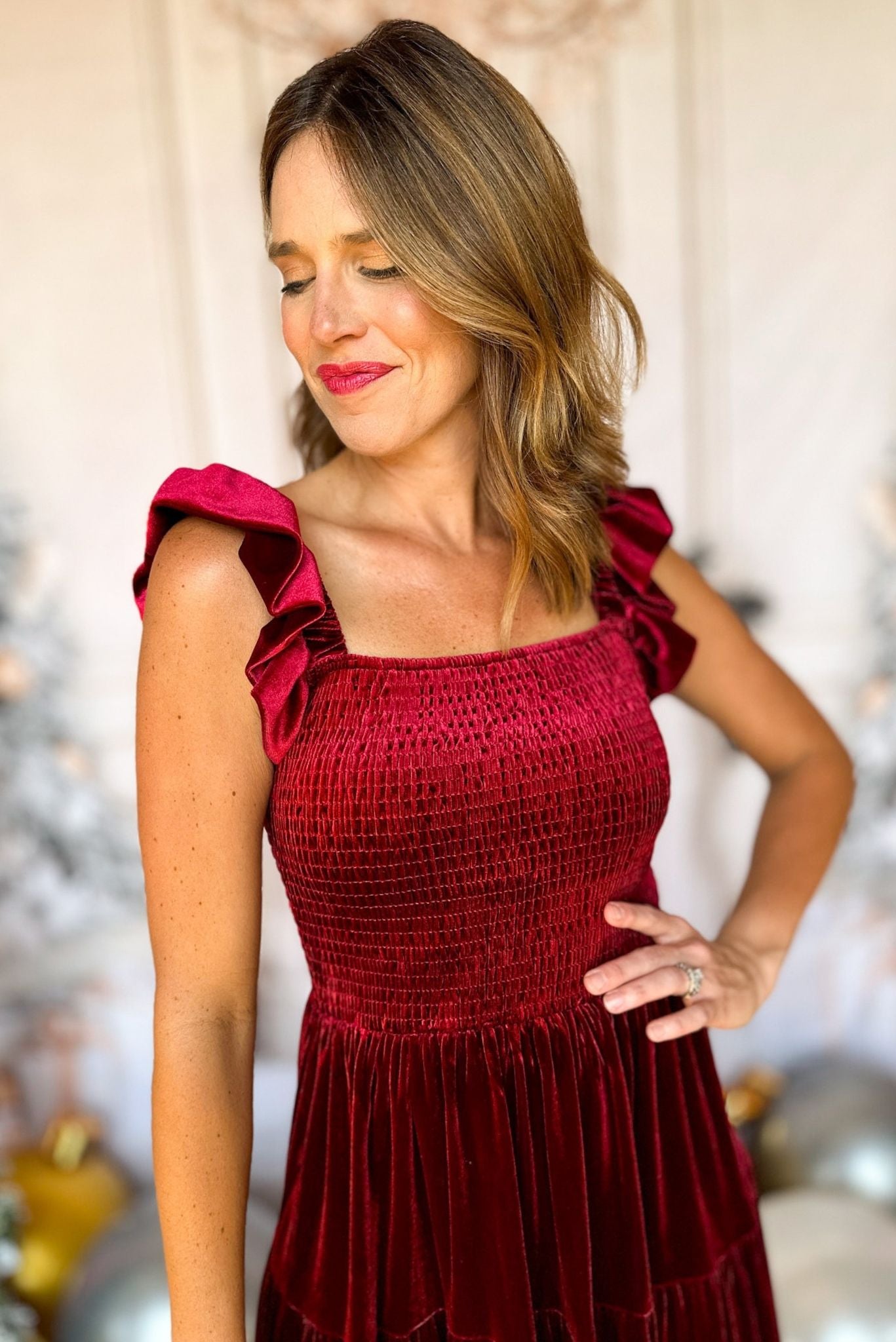 SSYS Burgundy Ruffle Shoulder Smocked Waist Tiered Velvet Midi Dress, must have dress, must have style, holiday style, holiday fashion, elevated style, elevated dress, mom style, holiday collection, holiday dress, shop style your senses by mallory fitzsimmons