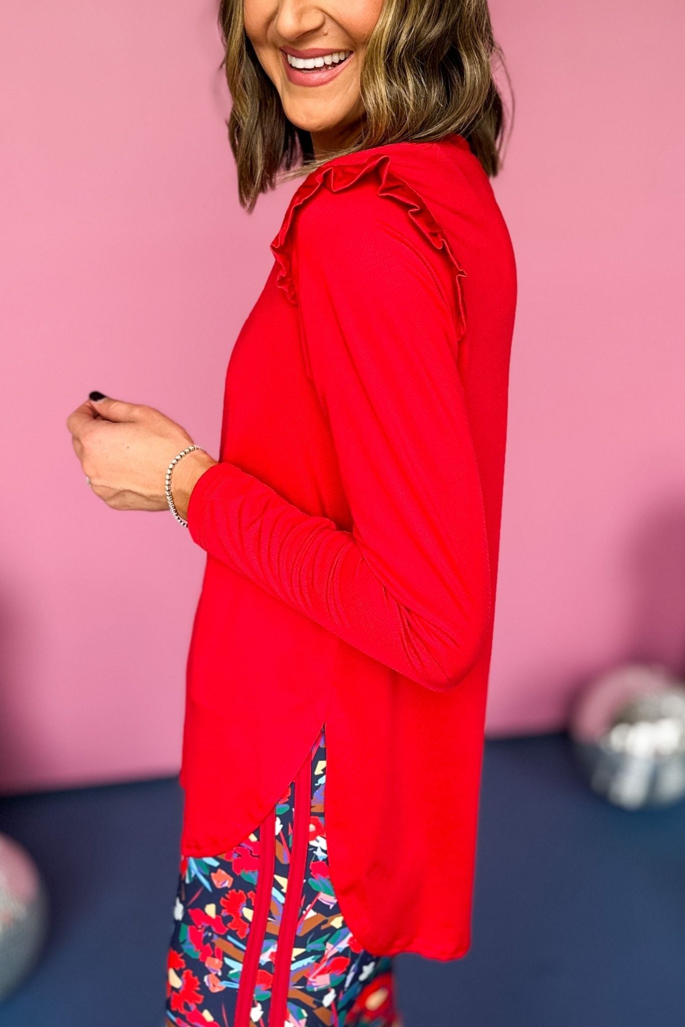 SSYS Red Long Sleeve Ruffle Hem Active Top, must have top, must have athleisure, elevated style, elevated athleisure, mom style, active style, active wear, fall athleisure, fall style, comfortable style, elevated comfort, shop style your senses by mallory fitzsimmons