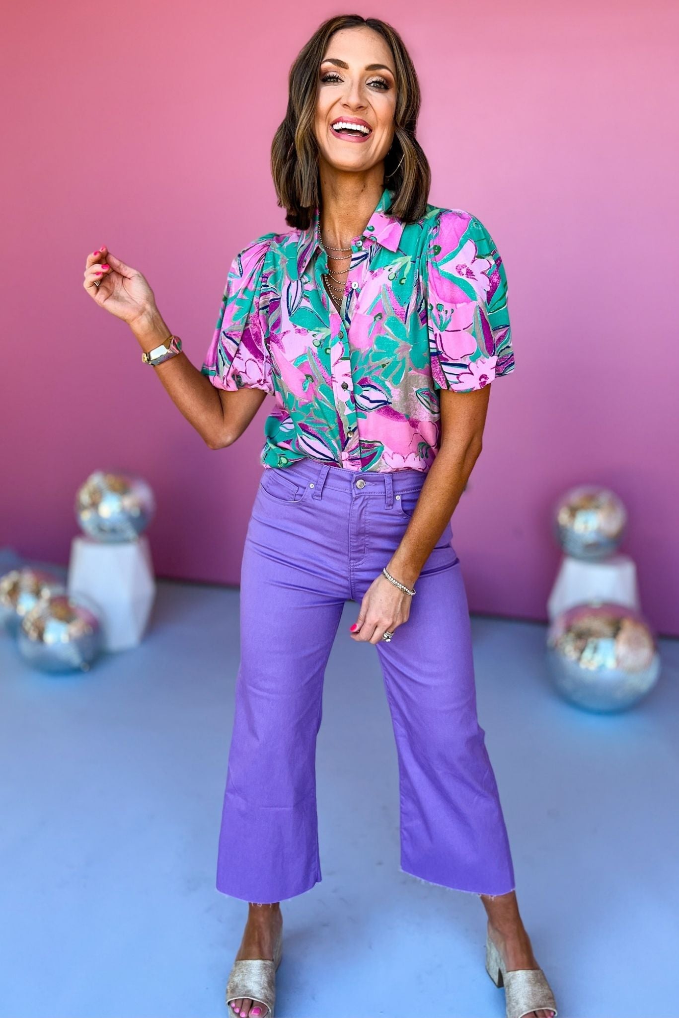 Pink Floral Printed Button Front Collared Short Sleeve Top, floral top, button down top, must have top, must have style, office style, summer style, spring fashion, elevated style, elevated top, mom style, shop style your senses by mallory fitzsimmons, ssys by mallory fitzsimmons