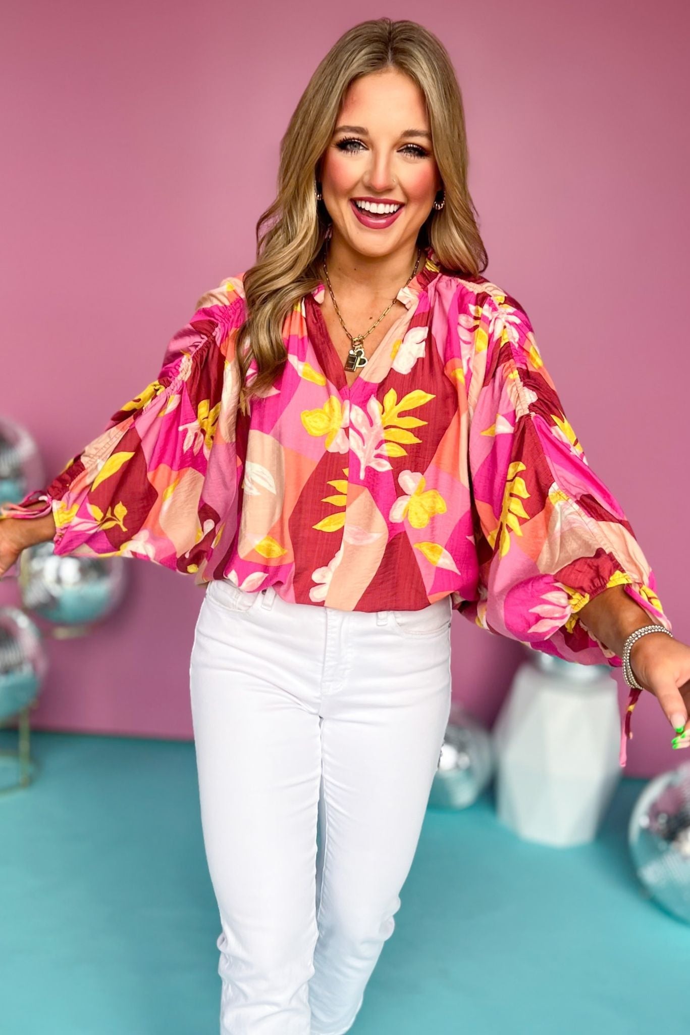 Pink Print Frill V Neck Elastic Drawstring Dolman Sleeve Top, printed top, tropical print, must have top, must have style, brunch style, summer style, spring fashion, elevated style, elevated top, mom style, shop style your senses by mallory fitzsimmons, ssys by mallory fitzsimmons