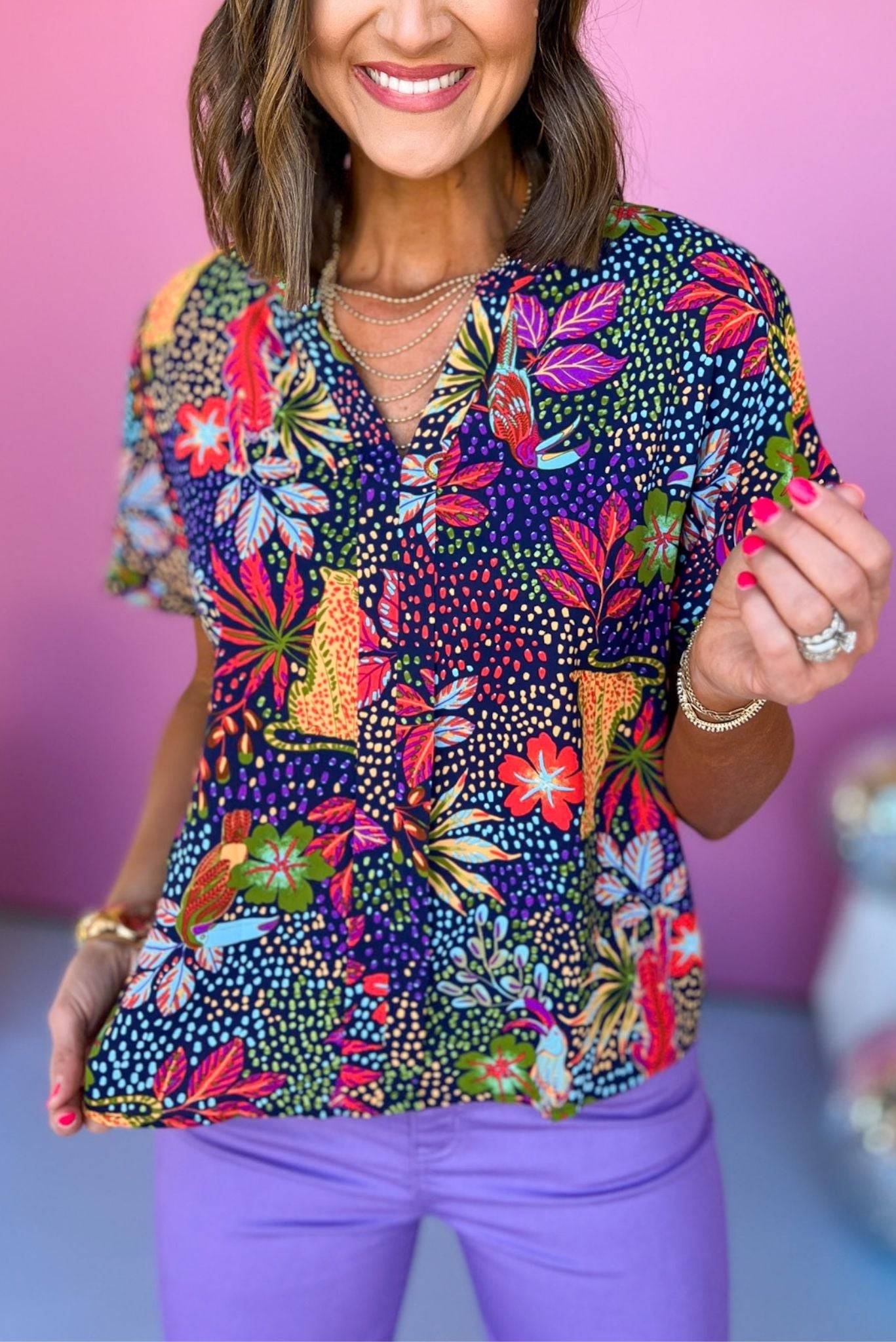 Navy Multi Floral V Neck Short Sleeve Top, must have top, must have style, brunch style, summer style, spring fashion, elevated style, elevated top, mom style, shop style your senses by mallory fitzsimmons, ssys by mallory fitzsimmons