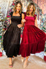 SSYS Burgundy Ruffle Shoulder Smocked Waist Tiered Velvet Midi Dress, must have dress, must have style, holiday style, holiday fashion, elevated style, elevated dress, mom style, holiday collection, holiday dress, shop style your senses by mallory fitzsimmons