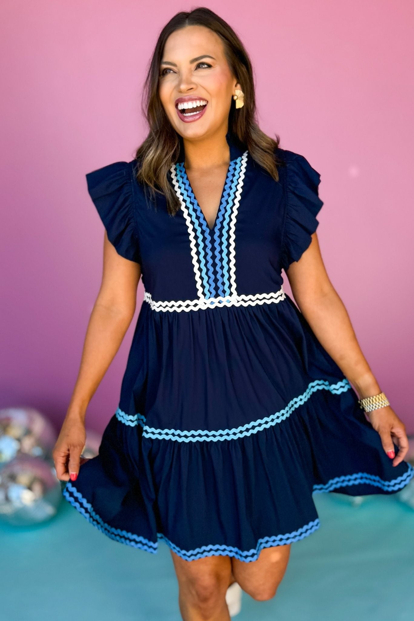 Navy Frill V Neck Ruffle Short Sleeve Ric Rac Detail Dress