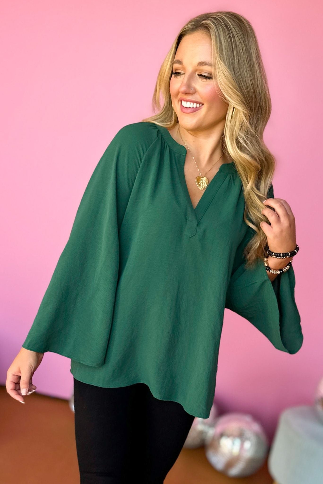 Hunter Green Slit Neck Bell Sleeve Top, must have top, must have style, must have fall, fall collection, fall fashion, elevated style, elevated top, mom style, fall style, shop style your senses by mallory fitzsimmons