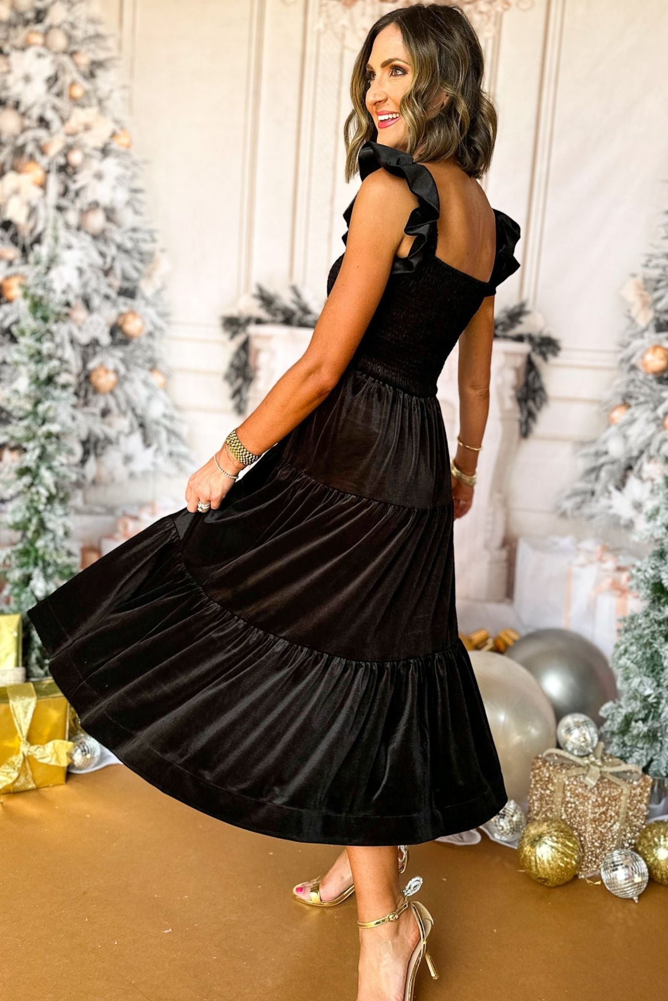 SSYS Black Ruffle Shoulder Smocked Waist Tiered Velvet Midi Dress, must have dress, must have style, holiday style, holiday fashion, elevated style, elevated dress, mom style, holiday collection, holiday dress, shop style your senses by mallory fitzsimmons